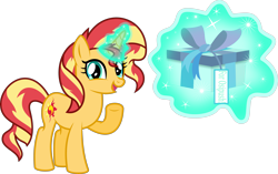 Size: 4829x3032 | Tagged: safe, artist:8-notes, imported from derpibooru, sunset shimmer, pony, unicorn, female, happy birthday, holding a present, magic, open mouth, ponyscape, present, raised hoof, simple background, solo, transparent background, vector