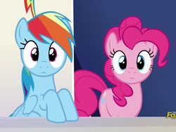 Size: 608x456 | Tagged: safe, imported from derpibooru, screencap, pinkie pie, rainbow dash, earth pony, pegasus, pony, 28 pranks later, season 6, cropped, cute, dashabetes, diapinkes, discovery family, discovery family logo, duo, duo female, female, logo, looking at you, mare, reaction image, staring into your soul