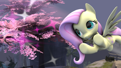 Size: 3840x2160 | Tagged: safe, artist:adamirvine, imported from derpibooru, fluttershy, 3d, cherry blossoms, female, fence, flying, solo, source filmmaker