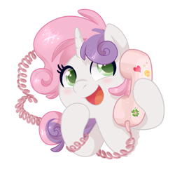Size: 832x824 | Tagged: safe, artist:jumblehorse, deleted from derpibooru, imported from derpibooru, sweetie belle, cute, diasweetes, open mouth, phone, simple background, solo, telephone, white background