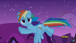 Size: 2208x1242 | Tagged: safe, imported from derpibooru, screencap, rainbow dash, pegasus, pony, 28 pranks later, confused, cute, dashabetes, discovery family logo, female, flying, fourth wall, looking at you, mare, night, solo