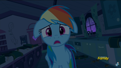 Size: 2208x1242 | Tagged: safe, imported from derpibooru, screencap, rainbow dash, pegasus, pony, 28 pranks later, season 6, cute, dark, dashabetes, ears back, female, floppy ears, looking at you, mare, open mouth, scared, scared shitless, scaredy dash