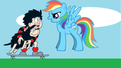 Size: 820x461 | Tagged: safe, imported from derpibooru, rainbow dash, beano, best friends, crossover, crossover shipping, dennis, dennis the menace, gnasher, shipping