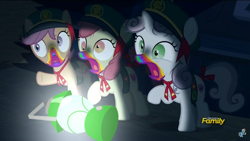 Size: 2208x1242 | Tagged: safe, imported from derpibooru, screencap, apple bloom, scootaloo, sweetie belle, 28 pranks later, barn, cookie zombie, cutie mark, cutie mark crusaders, dark, derp, discovery family logo, faic, lantern, rainbow, rainbow muzzle, scary, the cmc's cutie marks