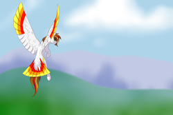 Size: 3300x2200 | Tagged: safe, artist:bravefleet, imported from derpibooru, oc, oc only, oc:brave fleet, pegasus, pony, cloud, flying, mountain, sky, solo, tail feathers, wings