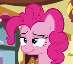 Size: 519x450 | Tagged: safe, imported from derpibooru, screencap, pinkie pie, pony, 28 pranks later, female, lidded eyes, mare, smug, solo