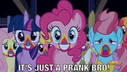 Size: 1230x697 | Tagged: safe, imported from derpibooru, screencap, big macintosh, fluttershy, pinkie pie, twilight sparkle, alicorn, donkey, pony, 28 pranks later, barn, cake, dark, discovery family, discovery family logo, discussion in the comments, food, it's just a prank bro, meme, rainbow, rainbow muzzle, smiling, twilight sparkle (alicorn)