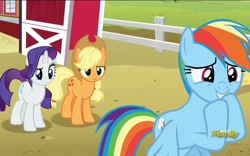 Size: 1993x1242 | Tagged: safe, imported from derpibooru, screencap, applejack, rainbow dash, rarity, earth pony, pegasus, pony, unicorn, 28 pranks later, applejack's hat, barn, confused, cowboy hat, cute, dashabetes, discovery family logo, female, giggling, hat, hooves up, mare, raised eyebrow, smiling