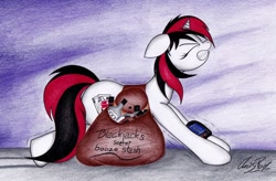 Size: 1024x672 | Tagged: safe, artist:thechrispony, imported from derpibooru, oc, oc only, oc:blackjack, pony, unicorn, fallout equestria, fallout equestria: project horizons, booze, bottle, cutie mark, eyes closed, fanfic, fanfic art, female, floppy ears, hooves, horn, mare, pipbuck, saddle bag, signature, solo, teeth, text, traditional art
