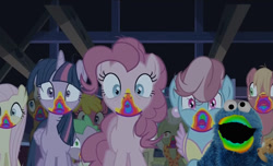 Size: 1181x720 | Tagged: safe, edit, edited screencap, imported from derpibooru, screencap, big macintosh, cherry berry, cup cake, fluttershy, granny smith, pinkie pie, spike, twilight sparkle, alicorn, pony, 28 pranks later, cookie monster, cookie zombie, male, rainbow muzzle, sesame street, stallion, twilight sparkle (alicorn), wat, wat's with cookie monster