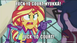Size: 800x450 | Tagged: safe, edit, edited screencap, imported from derpibooru, screencap, sci-twi, sunset shimmer, twilight sparkle, equestria girls, friendship games, caption, image macro, makeameme.org, meme, sunset yells at twilight, the boondocks, vulgar