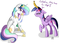 Size: 3769x2707 | Tagged: safe, artist:ho7y5hoxx, imported from derpibooru, princess celestia, twilight sparkle, alicorn, pony, banana, bananalestia, chest fluff, food, frown, high res, hoof shoes, horn, horn impalement, peytral, prank, raised hoof, sillestia, silly, simple background, smirk, transparent background, trollestia, twilight sparkle (alicorn)