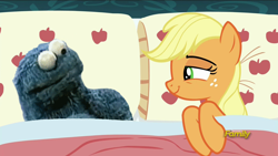 Size: 1920x1080 | Tagged: safe, edit, edited screencap, imported from derpibooru, screencap, applejack, 28 pranks later, applejack's bed partner, bed, cookie, cookie monster, discovery family logo, exploitable meme, meme, pillow, sesame street