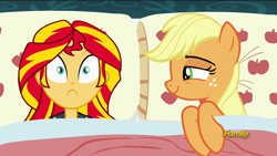 Size: 1920x1080 | Tagged: safe, edit, edited screencap, imported from derpibooru, screencap, applejack, sunset shimmer, pony, 28 pranks later, equestria girls, applejack's bed partner, appleshimmer, bed, exploitable meme, female, homesick shimmer, lesbian, mare, meme, pillow, shipping