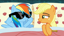 Size: 1920x1080 | Tagged: safe, edit, edited screencap, imported from derpibooru, screencap, applejack, rainbow dash, pony, 28 pranks later, appledash, applejack's bed partner, bed, exploitable meme, female, lesbian, mare, meme, pillow, shipping