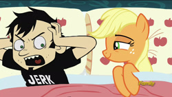 Size: 1920x1080 | Tagged: safe, edit, edited screencap, imported from derpibooru, screencap, applejack, 28 pranks later, applejack's bed partner, bed, dan, dan vs, exploitable meme, meme, pillow