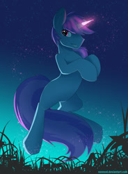 Size: 1024x1391 | Tagged: safe, artist:neoncel, imported from derpibooru, oc, oc only, oc:ternic, pony, unicorn, colored, floating, foreground, glowing horn, grass, levitation, long tail, looking at you, magic, male, smiling, solo, sparkles