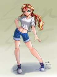 Size: 868x1173 | Tagged: safe, artist:the-park, deleted from derpibooru, imported from derpibooru, sunset shimmer, human, equestria girls, belly button, clothes, converse, denim, humanized, midriff, shoes, sneakers, solo, untied shoes