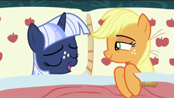 Size: 1920x1080 | Tagged: safe, edit, edited screencap, imported from derpibooru, screencap, applejack, oc, oc:silverlay, 28 pranks later, applejack's bed partner, bed, canon x oc, estories, exploitable meme, female, lesbian, meme, pillow, silverjack