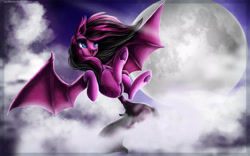 Size: 2560x1600 | Tagged: safe, artist:aschenstern, imported from derpibooru, oc, oc only, bat pony, pony, cloud, commission, flying, moon, solo, underhoof