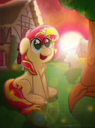 Size: 2245x3000 | Tagged: safe, artist:sol-r, artist:zacatron94, imported from derpibooru, sunset shimmer, pony, unicorn, equestria girls, amazed, cute, female, floppy ears, funny, happy, house, looking up, open mouth, shimmerbetes, silly, silly pony, sitting, smiling, solo, sun, sunset, tree, wide eyes