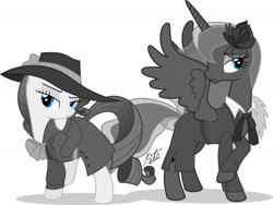 Size: 1280x962 | Tagged: safe, artist:camo-pony, imported from derpibooru, princess luna, rarity, alicorn, pony, unicorn, :t, clothes, detective rarity, female, grayscale, hat, mare, monochrome, neo noir, noir, nose wrinkle, partial color, simple background, white background