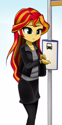 Size: 797x1600 | Tagged: safe, artist:nekojackun, artist:twilite-sparkleplz, imported from derpibooru, sunset shimmer, equestria girls, black skirt, bus stop, clothes, collaboration, female, leather jacket, purse, skirt, solo, waiting, watch