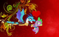 Size: 1731x1085 | Tagged: safe, imported from derpibooru, princess ember, spike, dragon, gauntlet of fire, armor, colored, dragon armor, emberspike, female, heart, male, shipping, straight