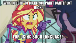 Size: 800x450 | Tagged: safe, edit, edited screencap, imported from derpibooru, screencap, sci-twi, sunset shimmer, twilight sparkle, equestria girls, friendship games, caption, image macro, makeameme.org, meme, sailor mouth, spongebob squarepants, sunset yells at twilight