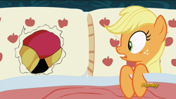 Size: 1280x720 | Tagged: safe, edit, edited screencap, imported from derpibooru, screencap, applejack, 28 pranks later, applejack's bed partner, bed, butt, exploitable meme, gutsman's ass, image macro, mega man (series), megaman, meme, pillow, plot