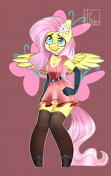 Size: 2217x3500 | Tagged: safe, artist:hfinder, imported from derpibooru, fluttershy, anthro, clothes, dress, evening gloves, female, flower, flower in hair, gloves, smiling, socks, solo, thigh highs