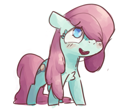 Size: 575x500 | Tagged: safe, artist:nobody, imported from derpibooru, bubblegum brush, pony, chest fluff, cute, female, filly, no pupils, simple background, smiling, solo, white background