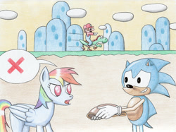 Size: 1067x800 | Tagged: safe, artist:schwarzer--ritter, imported from derpibooru, rainbow dash, pony, yoshi, crossover, mario, mario bros riding yoshi, nintendo, riding, saddle, sega, sonic the hedgehog, sonic the hedgehog (series), super mario bros., super mario world, traditional art, video game