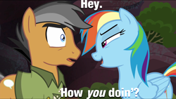 Size: 1280x722 | Tagged: safe, edit, edited screencap, imported from derpibooru, screencap, quibble pants, rainbow dash, stranger than fan fiction, f.r.i.e.n.d.s, female, image macro, joey tribbiani, male, meme, quibbledash, rainbow dash seduces quibble pants, shipping, straight