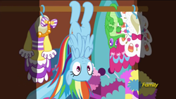 Size: 1280x720 | Tagged: safe, imported from derpibooru, screencap, gummy, rainbow dash, pegasus, pony, 28 pranks later, behaving like a bat, closet, clothes, covering, cute, dashabetes, discovery family logo, dress, female, frown, gala dress, mare, upside down, wat, wide eyes, wing hands