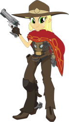 Size: 1488x2619 | Tagged: safe, artist:sonofaskywalker, imported from derpibooru, applejack, equestria girls, clothes, crossover, female, gun, hat, jesse mccree, mccreejack, overwatch, smiling, solo, weapon