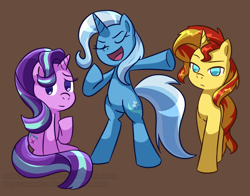 Size: 1280x1002 | Tagged: safe, artist:extrasweetcoffee, imported from derpibooru, starlight glimmer, sunset shimmer, trixie, pony, unicorn, eyes closed, magical trio, simple background, twilight's counterparts