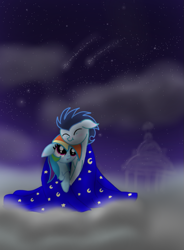 Size: 719x978 | Tagged: safe, artist:tsundra, imported from derpibooru, rainbow dash, soarin', pony, blanket, cloud, cuddling, cute, female, male, night, shipping, shooting star, snuggling, soarindash, stars, straight