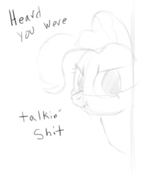 Size: 577x699 | Tagged: safe, artist:itsthinking, imported from derpibooru, pinkie pie, angry, female, glare, heard you were talking shit, looking at you, monochrome, scrunchy face, sketch, solo, vulgar