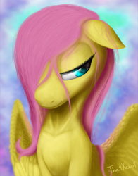 Size: 600x765 | Tagged: safe, artist:the1xeno1, imported from derpibooru, fluttershy, pony, bust, colored pupils, female, hair over one eye, lidded eyes, looking away, solo, spread wings