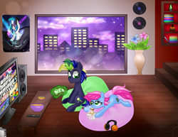 Size: 1501x1158 | Tagged: safe, artist:kaikururu, imported from derpibooru, dj pon-3, vinyl scratch, oc, oc only, pony, building, controller, flower, glowing, glowing horn, horn, indoors, magic, telekinesis, vase, video game