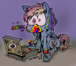 Size: 1321x1143 | Tagged: safe, artist:andreu-t, imported from derpibooru, rainbow dash, pegasus, pony, 28 pranks later, box, cookie zombie, female, mare, open mouth, rainbow cookies, rainbow muzzle, sitting, solo, wide eyes