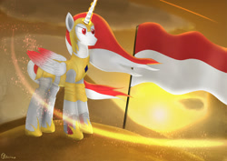 Size: 2000x1415 | Tagged: safe, artist:animerge, imported from derpibooru, oc, oc only, oc:indonisty, alicorn, pony, alicorn oc, flag, indonesia, nation ponies, ponified, solo