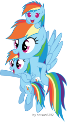 Size: 4126x7498 | Tagged: safe, artist:livehotsun, imported from derpibooru, rainbow dash, pony, absurd resolution, baby, baby dash, baby ponidox, baby pony, cute, dashabetes, filly, filly rainbow dash, foal, multeity, self ponidox, self riding, simple background, transparent background, triality, triple rainbow, vector