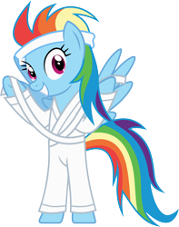 Size: 4248x5378 | Tagged: safe, artist:livehotsun, imported from derpibooru, rainbow dash, pegasus, pony, absurd resolution, clothes, female, gi, headband, martial arts, pants, robe, show accurate, simple background, solo, taekwondo, transparent background, trousers, vector, white belt