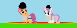 Size: 1226x452 | Tagged: safe, artist:nouseyourname, artist:selenaede, imported from derpibooru, scootaloo, sweetie belle, pegasus, pony, unicorn, base used, clothes, costume, simple background, sumo