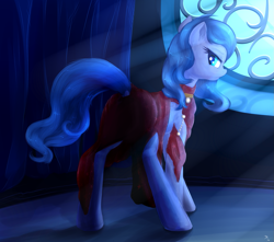 Size: 1423x1258 | Tagged: safe, artist:sapsan, edit, imported from derpibooru, oc, oc only, oc:shadow blue, earth pony, pony, butt, clothes, commission, crepuscular rays, dock, dress, explicit source, looking at you, looking back, night, plot, raised tail, red dress, safe edit, sfw edit, tail