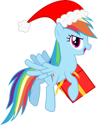 Size: 5245x6675 | Tagged: safe, artist:livehotsun, imported from derpibooru, rainbow dash, absurd resolution, female, flying, hat, holding a present, present, santa hat, simple background, solo, transparent background, vector