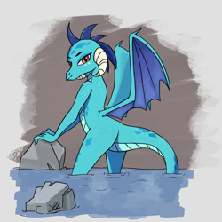 Size: 900x900 | Tagged: safe, artist:xenstroke, imported from derpibooru, princess ember, dragon, female, looking at you, looking back, rock, sexy, solo, water