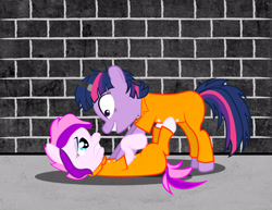 Size: 2160x1668 | Tagged: safe, artist:spellboundcanvas, imported from derpibooru, twilight sparkle, oc, oc:page pulse, clothes, horn cap, magic suppression, pounce, prison, prison outfit, prisoner ts, twilight snapple